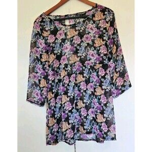 About A Girl Tunic Womens M Top Babydoll Dark‎ Floral Blouse Boho Bloomcore